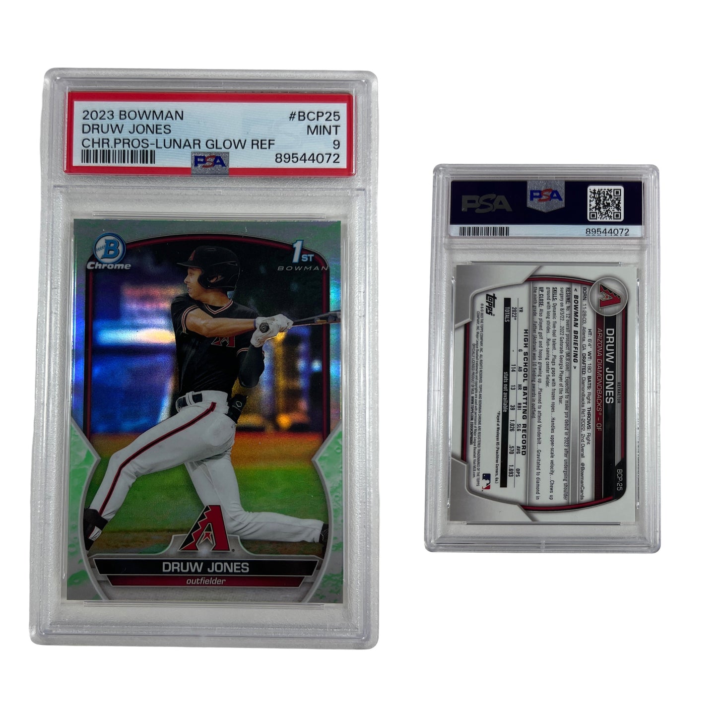 2023 Bowman Druw Jones Chrome Prospects Lunar Glow Refractor #BCP25 PSA MINT 9
