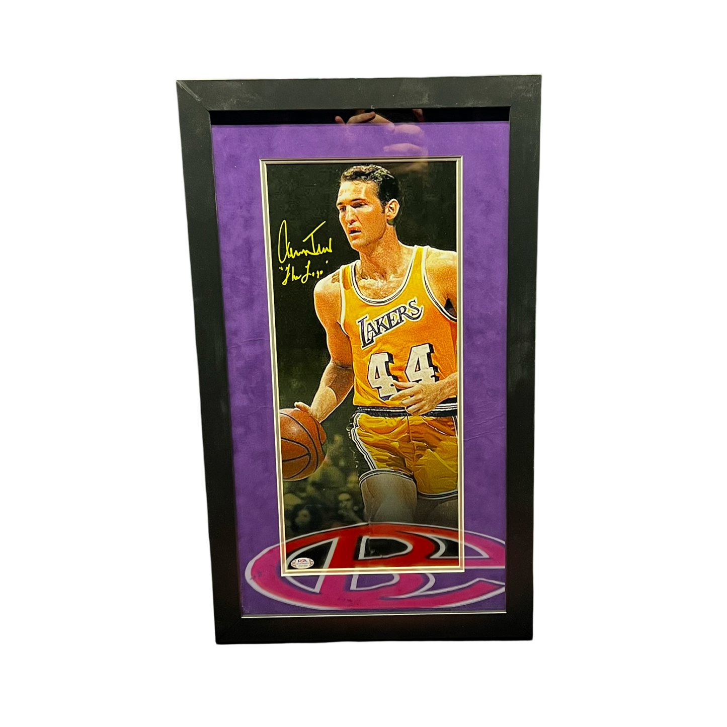 Jerry West Autographed Los Angeles Lakers Vertical Framed 8x18 The Logo Inscription PSA