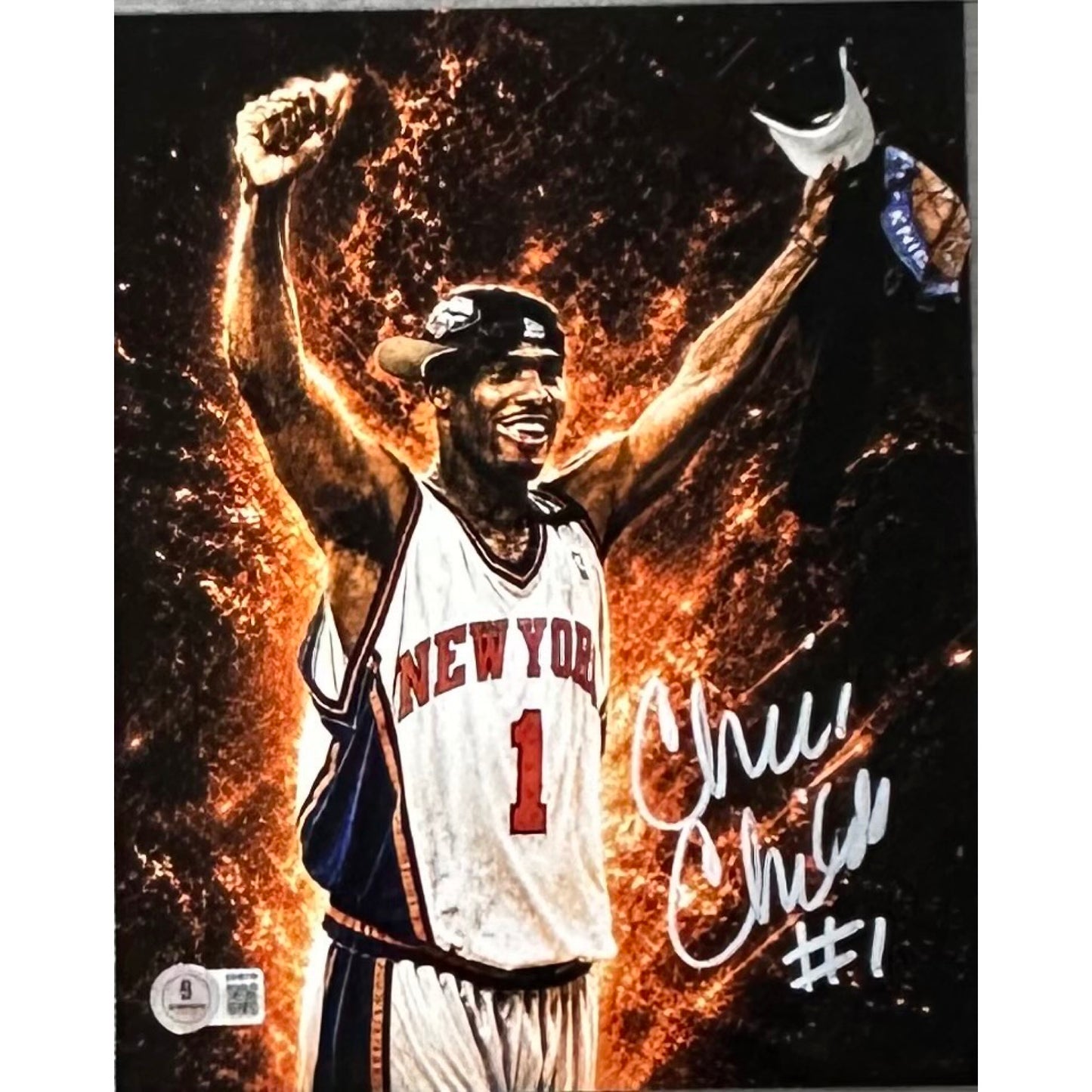 Chris Childs Arms Up Orange Background 8x10 Beckett BAS