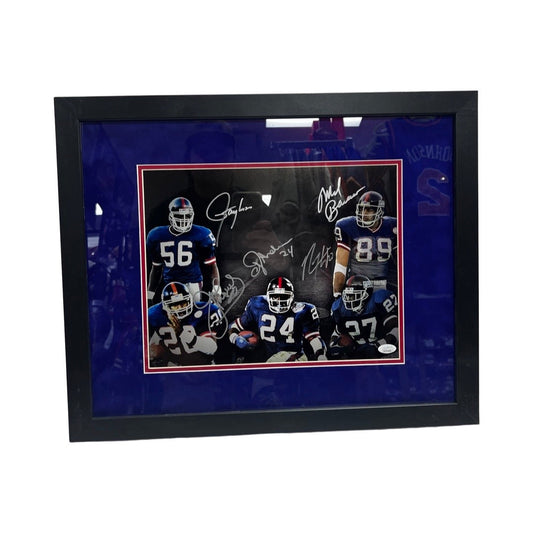 Lawrence Taylor, Mark Bavaro, Joe Morris, Rodney Hampton & OJ Anderson Autographed. New York Giants Blackout 11x14 JSA - Framed