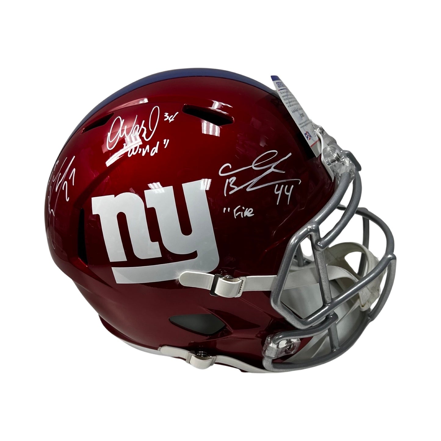 Brandon Jacobs, Ahmad Bradshaw & Derrick Ward Autographed New York Giants Flash Replica Helmet “Earth, Wind, Fire" Inscriptions PSA