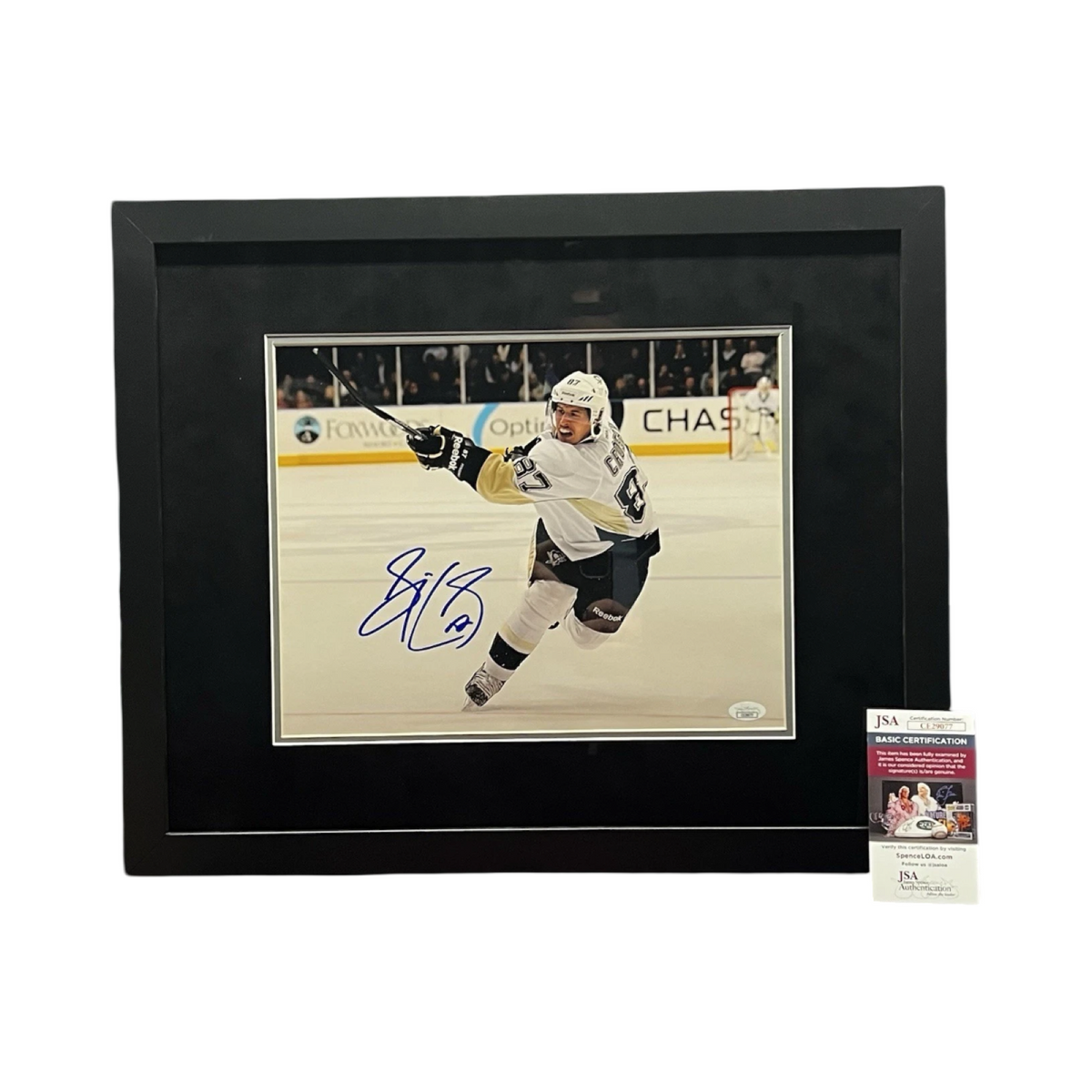 Sidney Crosby Autographed Pittsburgh Penguins Horizontal Slap Shot Finish 11x14 JSA - Framed
