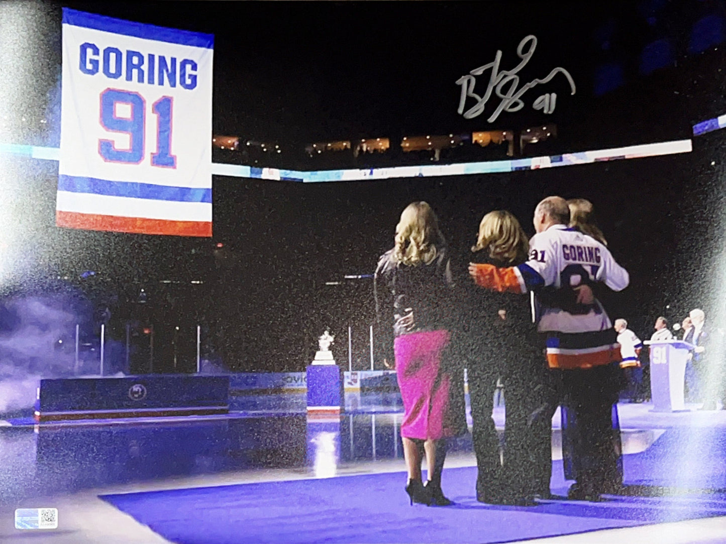 Butch Goring Autographed New York Islanders Number Retirement w/ Family 8x10 Steiner CX