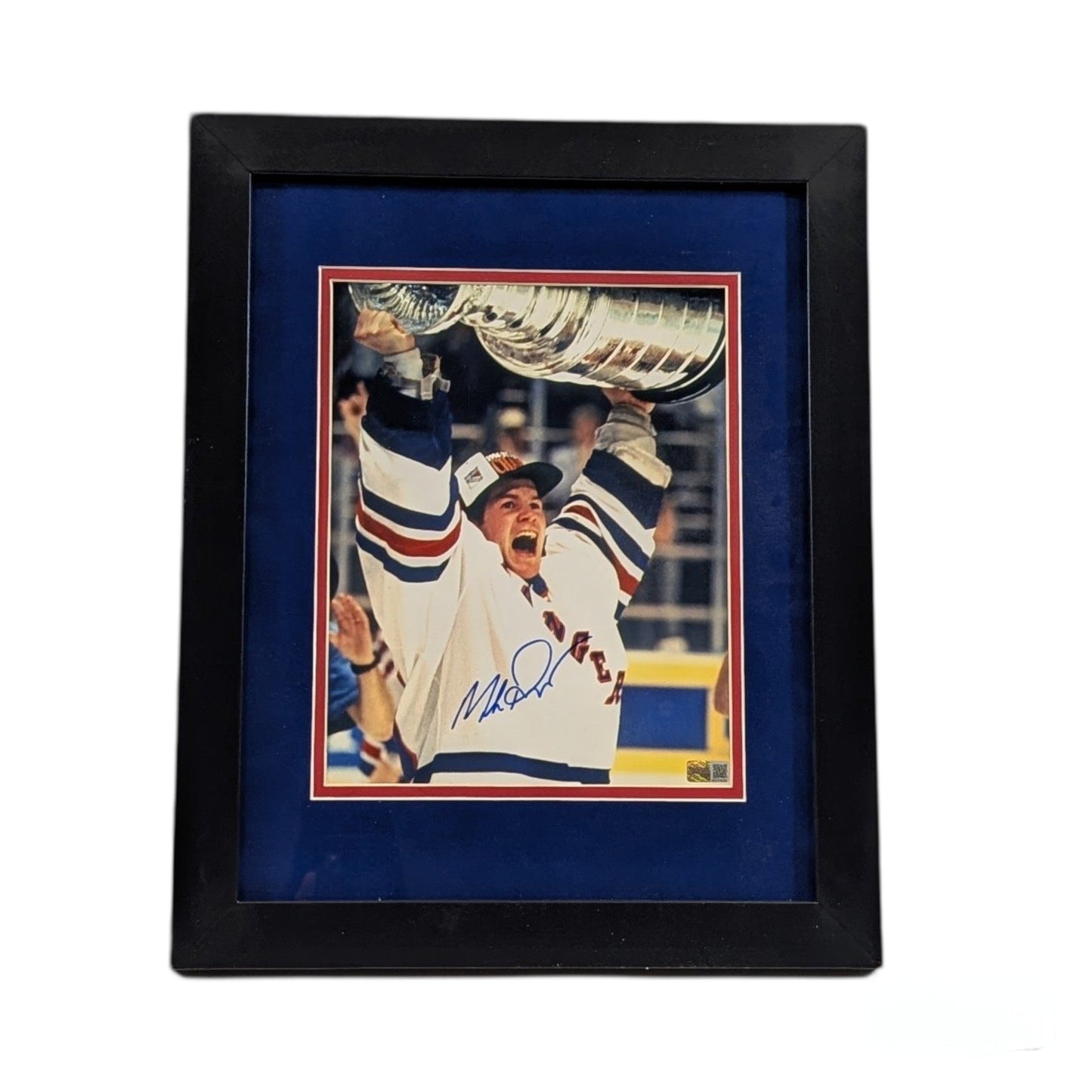 Mike Richter Autographed New York Rangers Hoisting Trophy Vertical Framed 8X10 Steiner CX