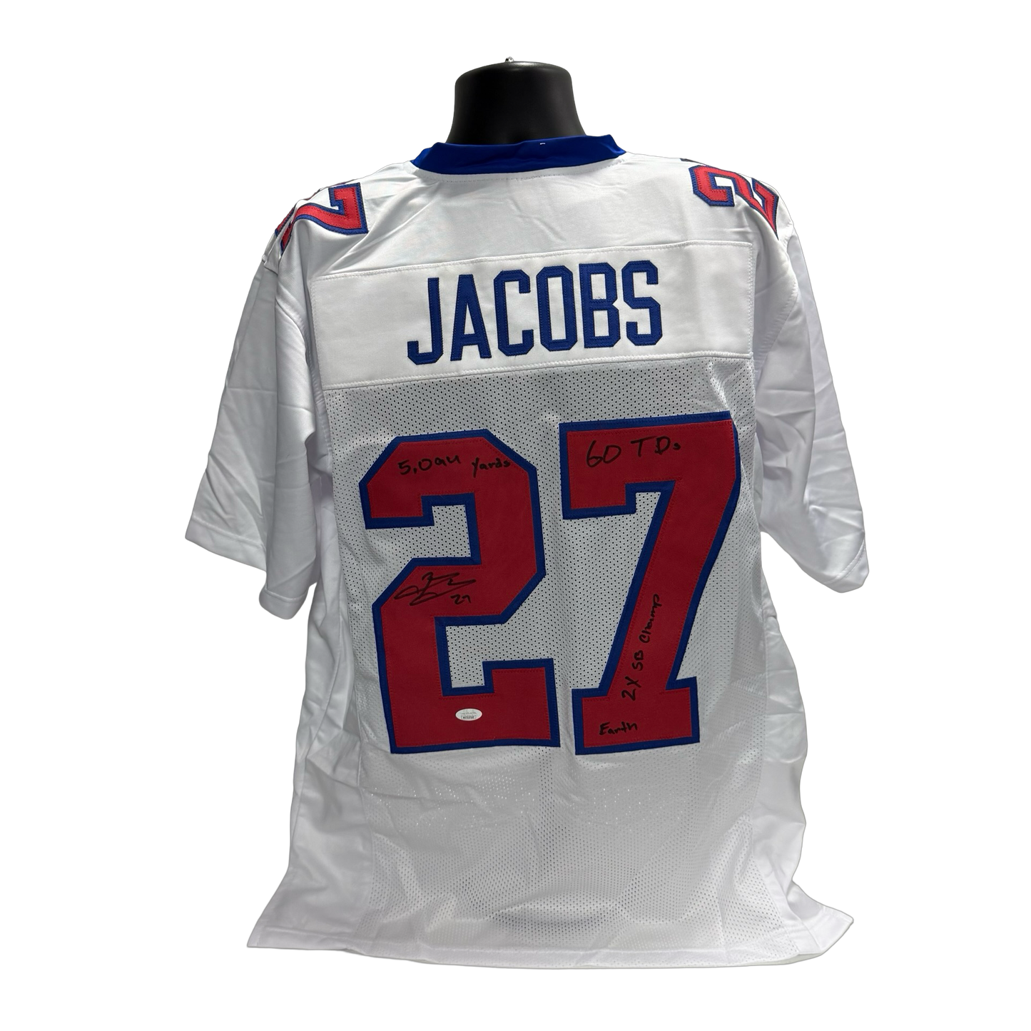 Brandon Jacobs Autographed New York Giants "5,000 yards, 2x SB Champ, Earth" Inscribed White Jersey JSA