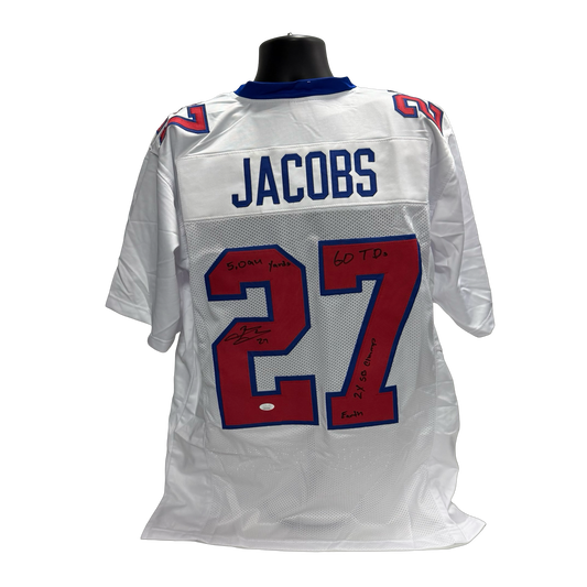 Brandon Jacobs Autographed New York Giants "5,000 yards, 2x SB Champ, Earth" Inscribed White Jersey JSA