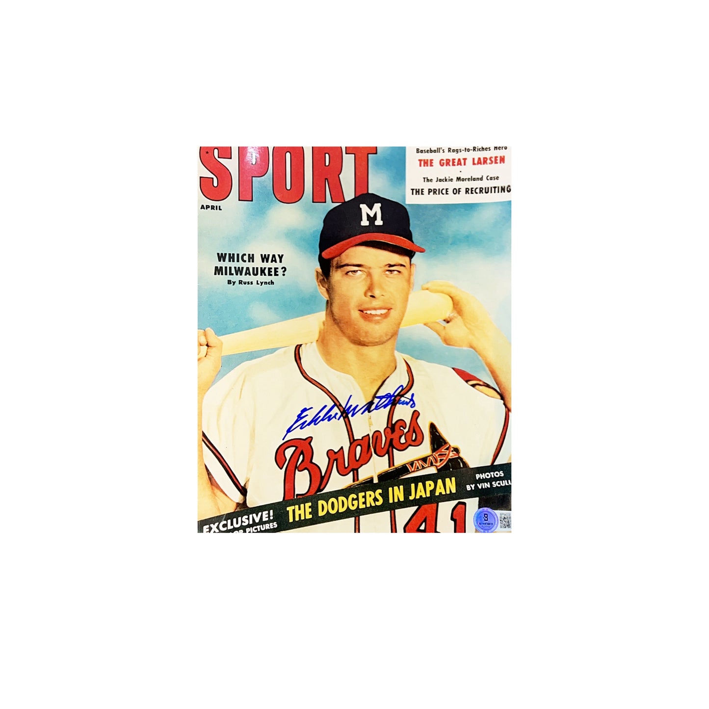 Eddie Matthews Autographed Milwaukee Braves Magazine Cover 8x10 Beckett