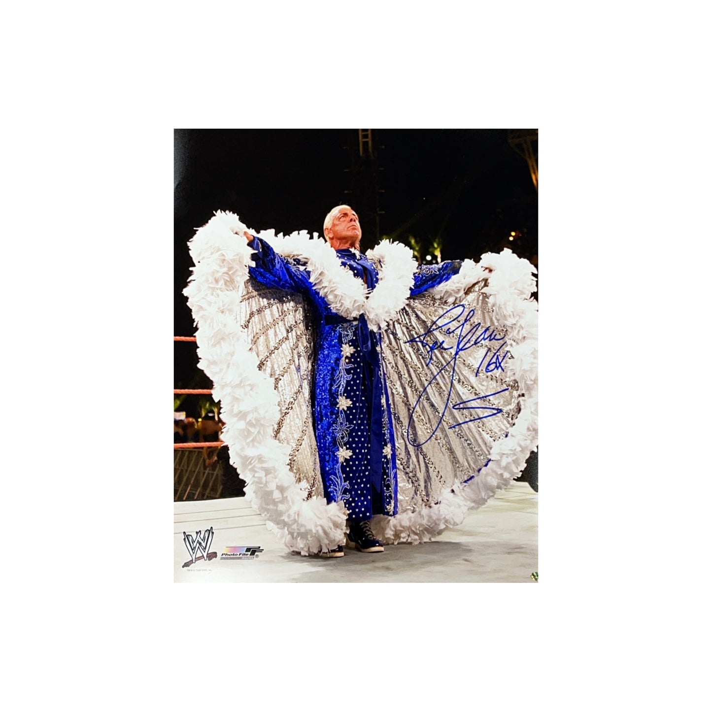 Ric Flair Autographed WWF/WWE White & Blue Robe 16x20 "16X" Inscription Leaf