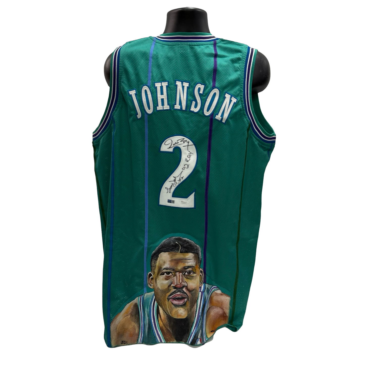 Larry Johnson & Muggsy Bogues Autographed Charlotte Hornets Art Jersey JSA