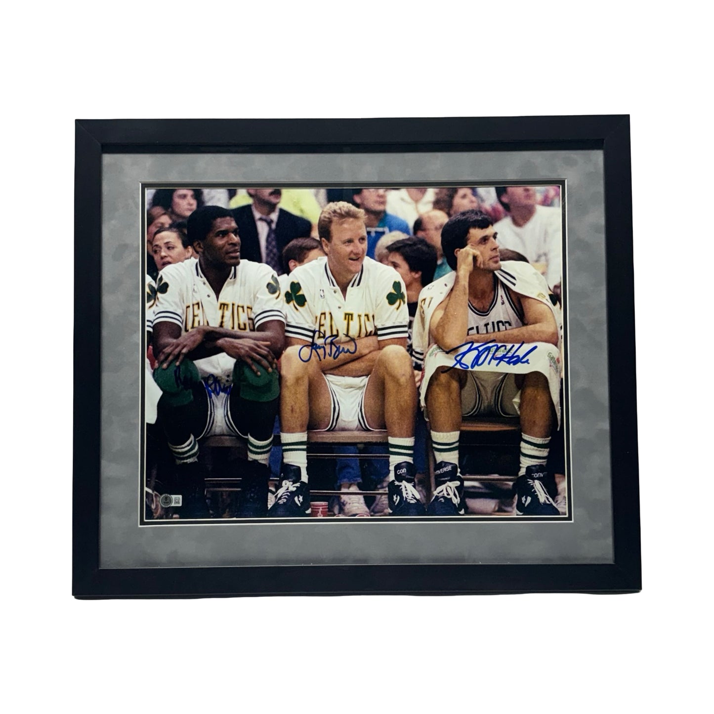 Robert Parish Larry Bird Kevin McHale Autographed Framed Grey Matting Sitting on Bench 16x20 Beckett