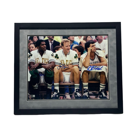 Robert Parish Larry Bird Kevin McHale Autographed Framed Grey Matting Sitting on Bench 16x20 Beckett