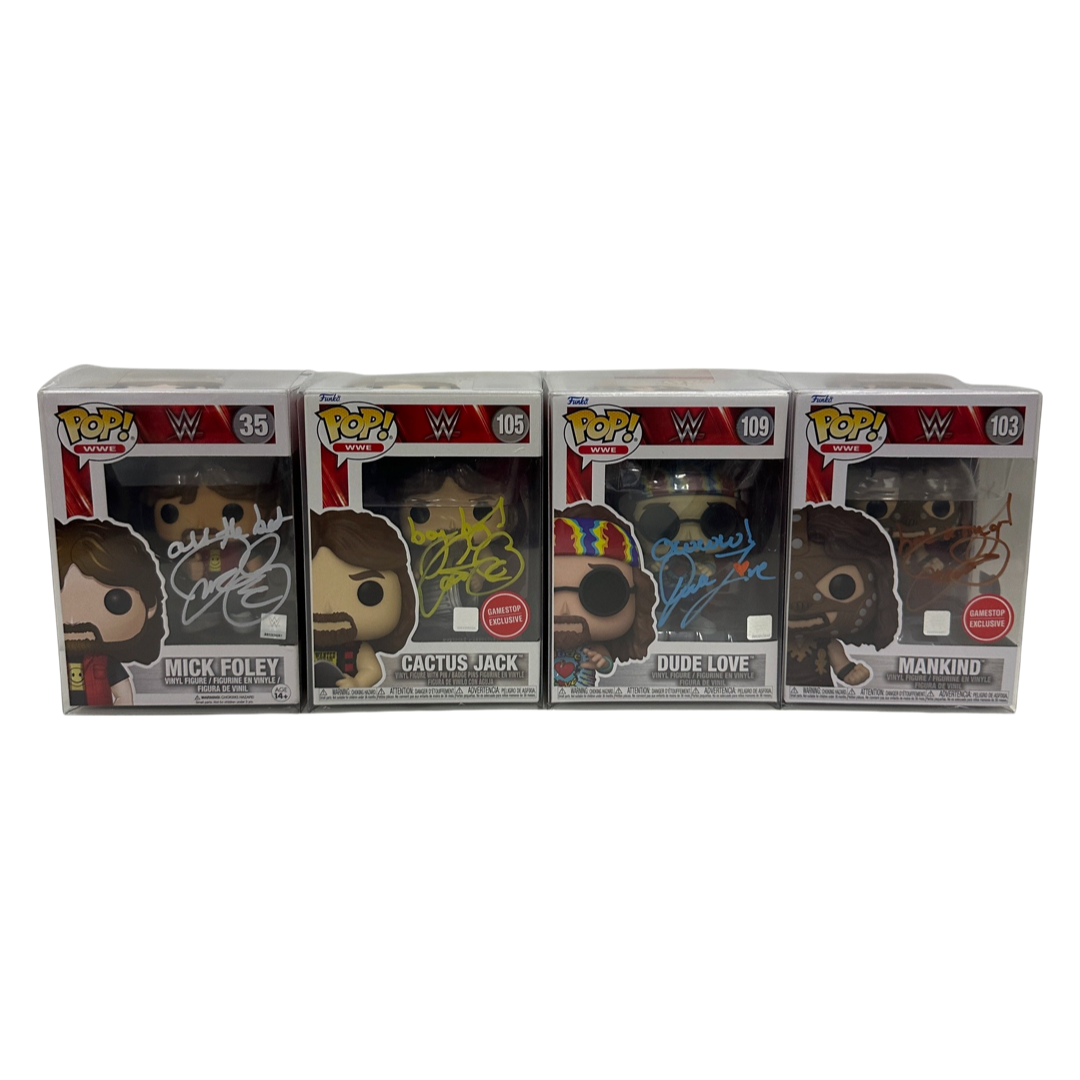 Mick Foley WWE Autographed Funko Pop 4 Pack Inscribed Beckett