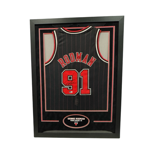 Dennis Rodman Autographed Chicago Bulls Framed Black Pinstripe Jersey Beckett
