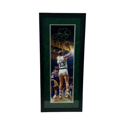 Larry Bird Autographed Boston Celtics Shooting White Jersey Framed 8x26 Beckett