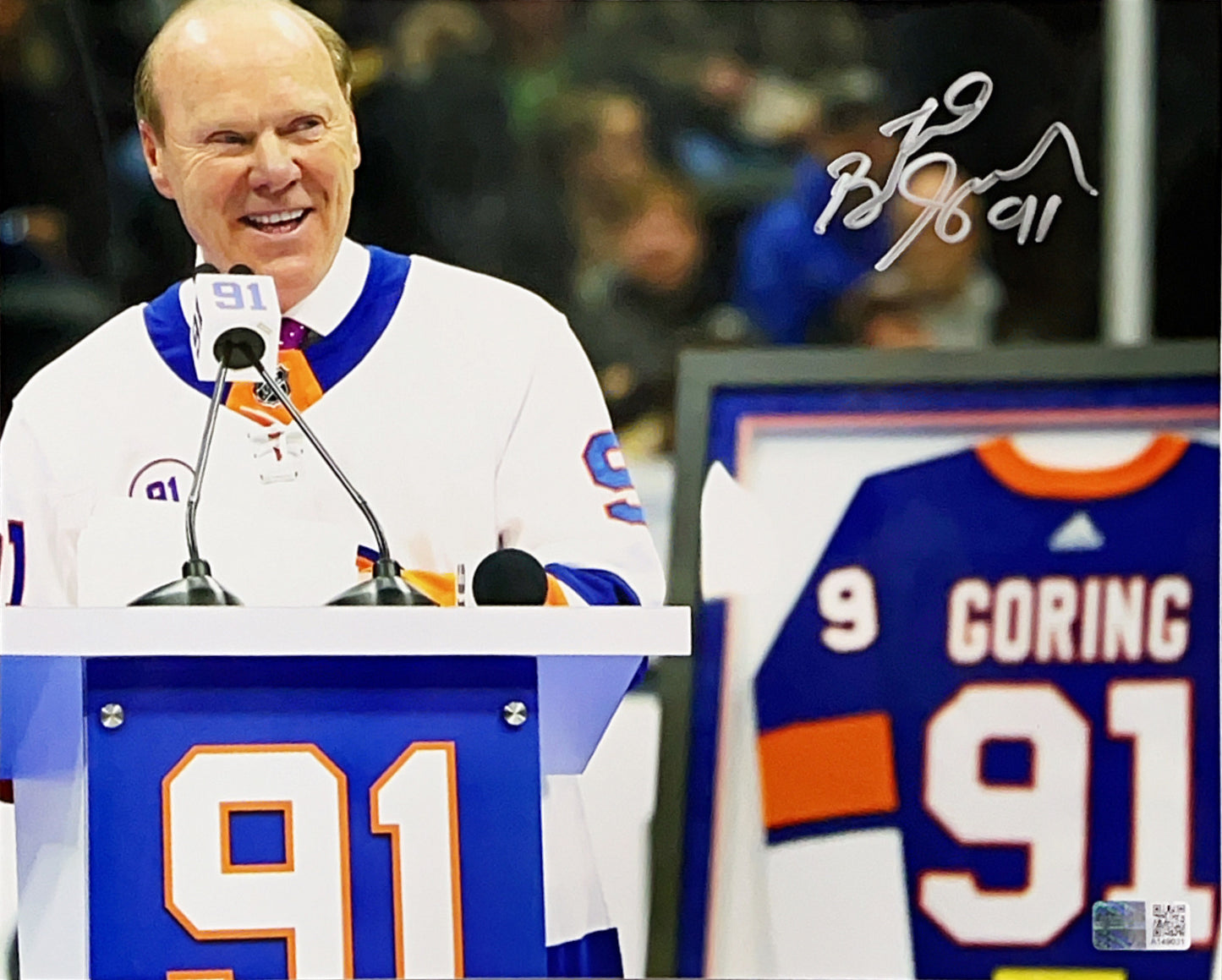 Butch Goring Autographed New York Islanders Number Retirement Speech 8X10 Steiner CX