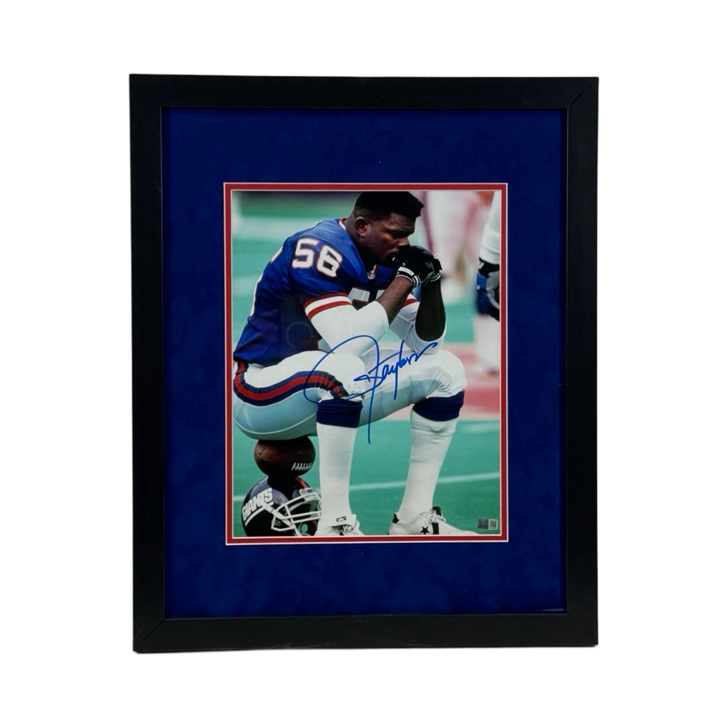 Lawrence Taylor Autographed New York Giants Sitting Blue Jersey Framed 11x14 Steiner CX
