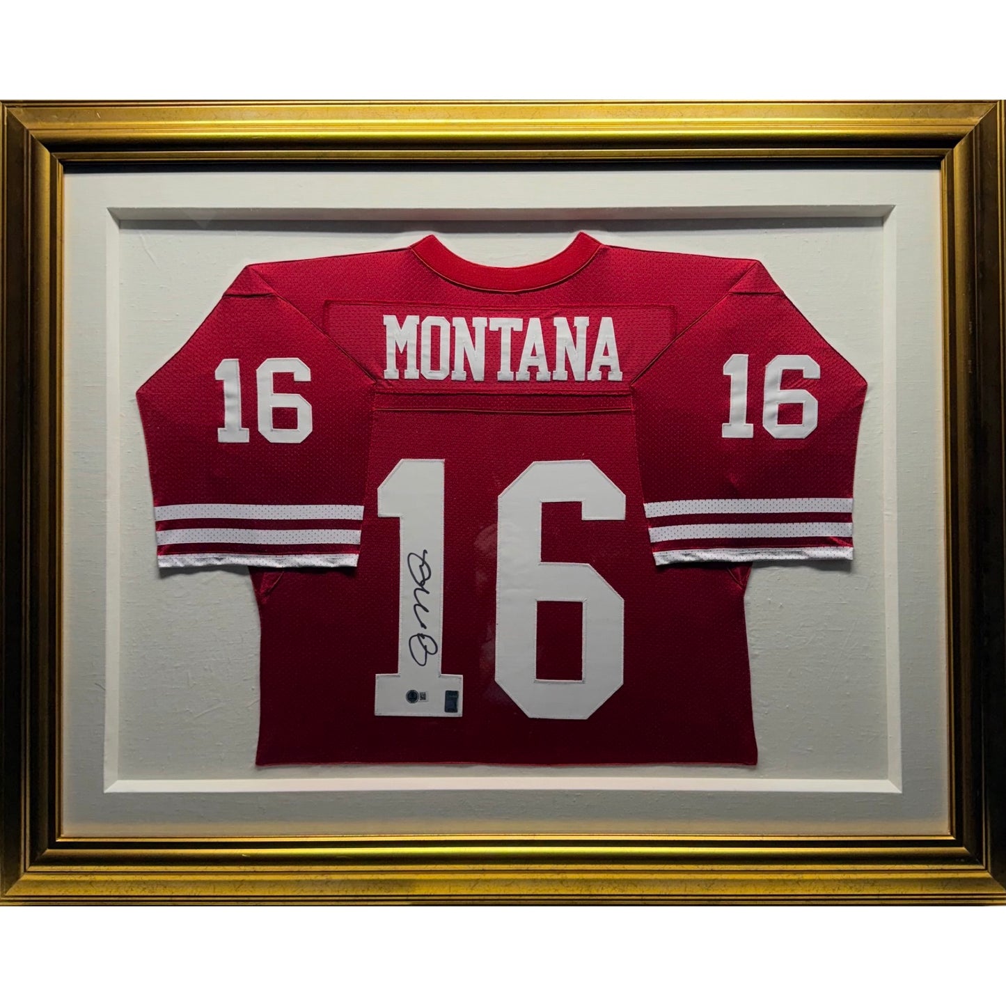 Joe Montana Autographed San Fransisco 49er's Framed Red Jersey Beckett BAS