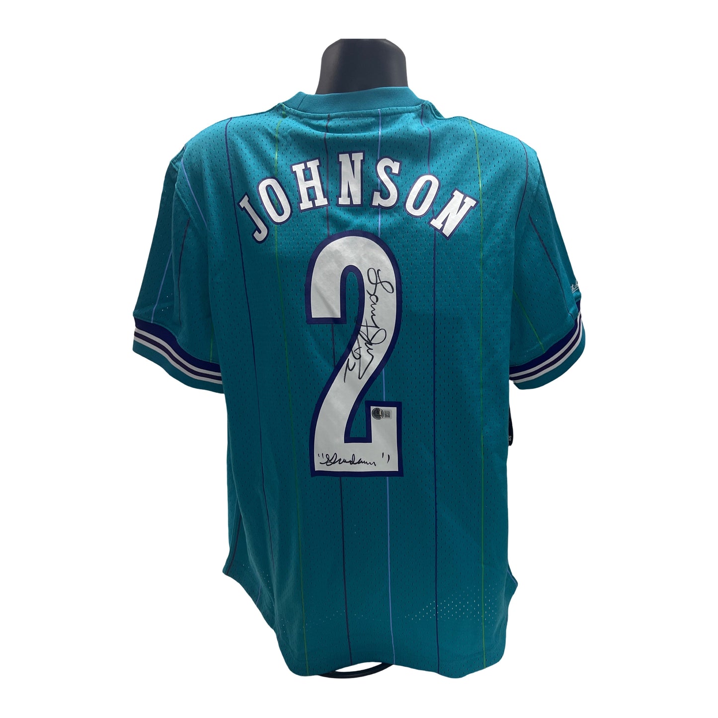 Larry Johnson Autographed Charlotte Hornets Teal Mitchell & Ness Sleeve Jersey Grandmama Inscription Beckett