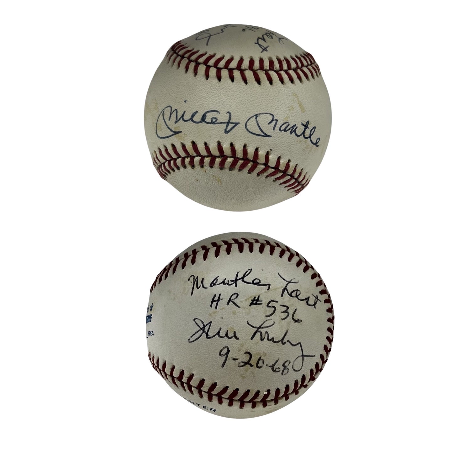 Mickey Mantle & Jim Lonbord Autographed Official American League Baseball "Mantle Last HR #536, 9-20-68" Inscription PSA