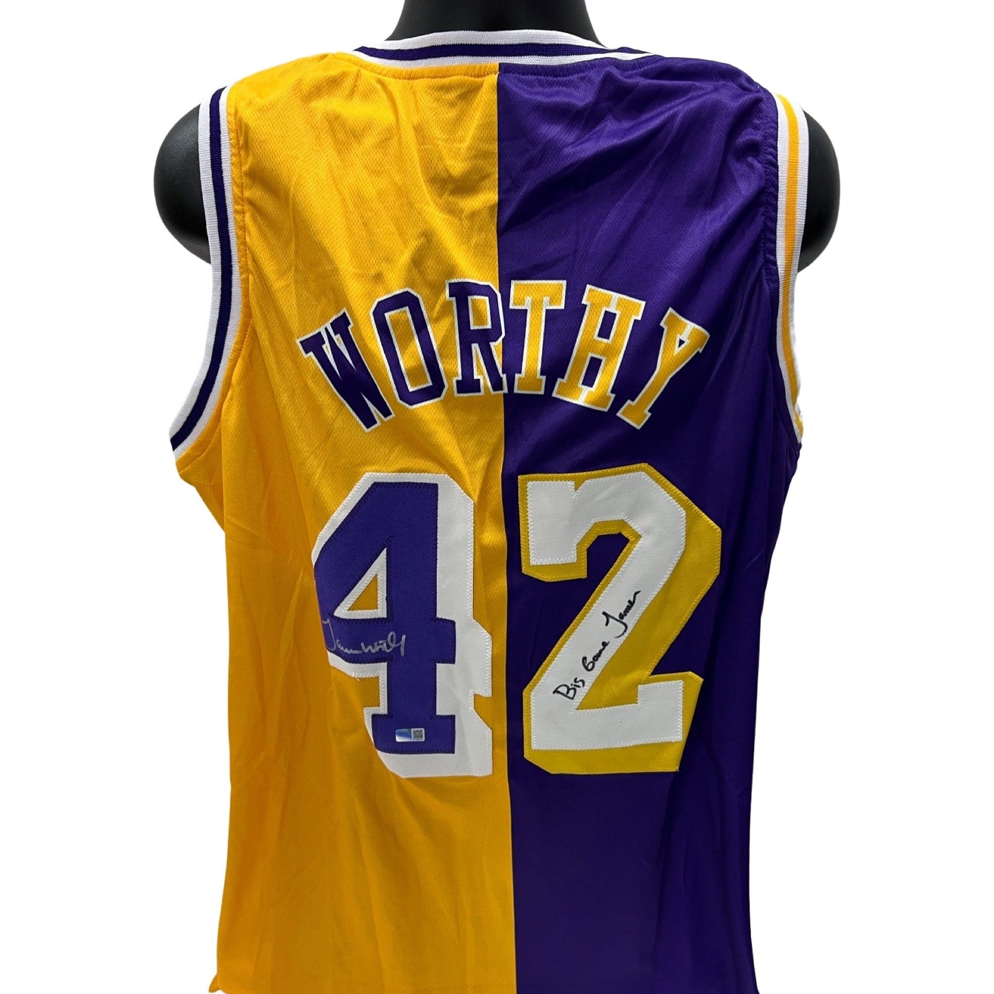 James Worthy Autographed Los Angeles Lakers Yellow/Purple Split Jersey Big Game James Inscription PSA