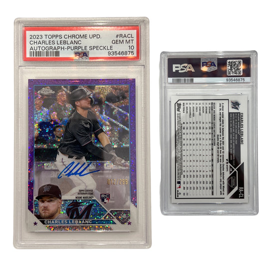 2023 Charles Leblanc Topps Chrome Update Autograph Purple Speckle /299 #RACL PSA GEM MT 10