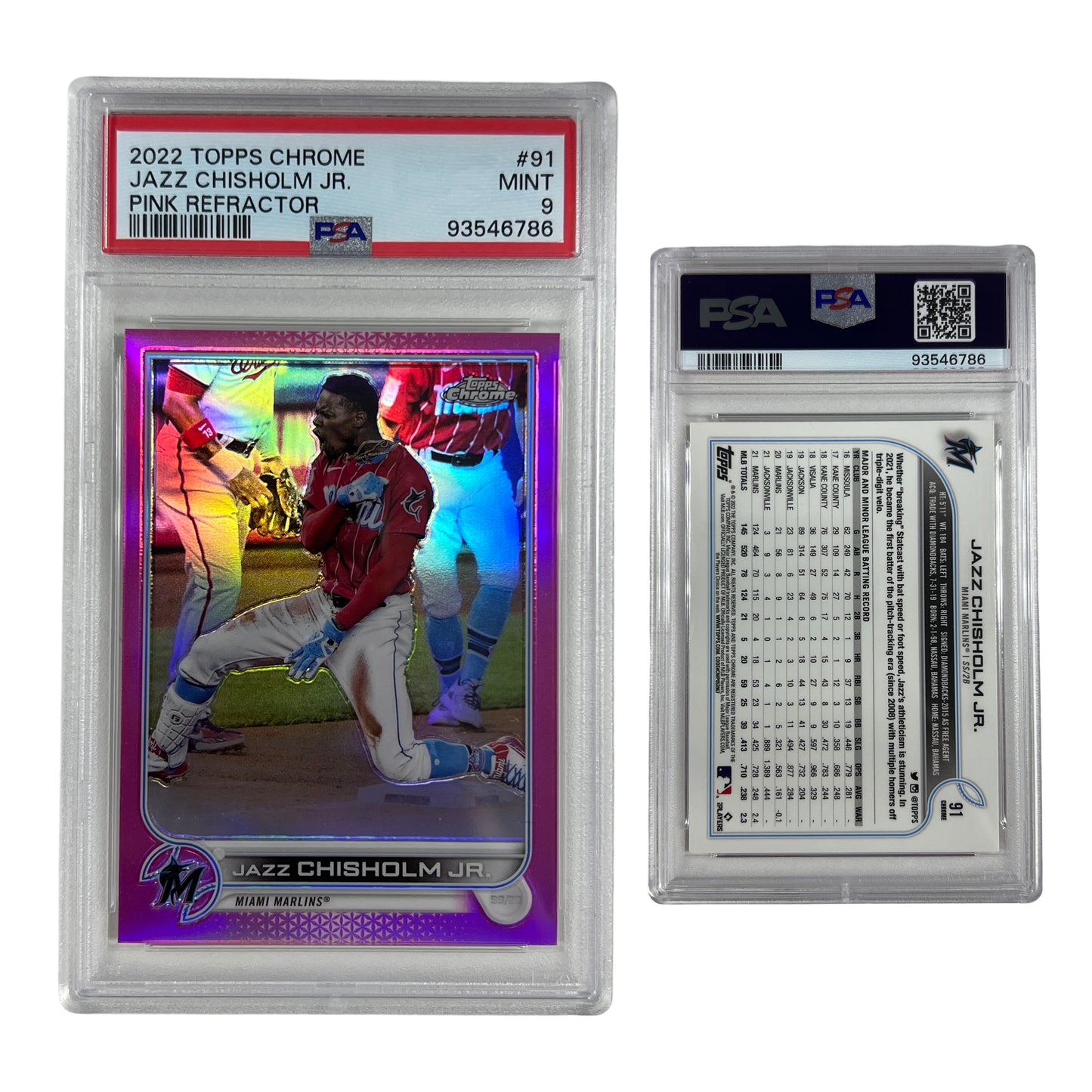 2022 Jazz Chisholm Jr. Topps Chrome Pink Refractor #91 PSA MINT 9