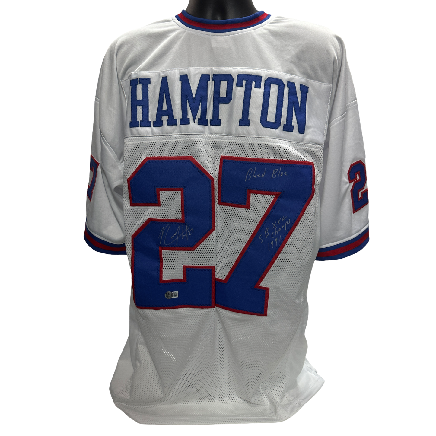Rodney Hampton Autographed New York Giants "Bleed Blue, SB XXL Champs 1991" inscribed White Jersey Beckett BAS