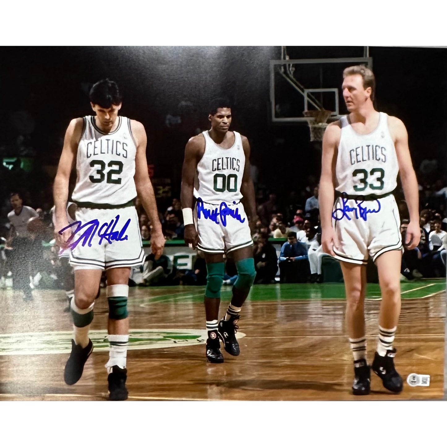 Larry Bird Robert Parish Kevin McHale Autographed Boston Celtics Big 3 Parish in Middle 16x20 Larry Bird Beckett BAS