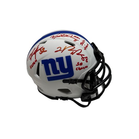 Mario Manningham, Hakeem Nicks, Victor Cruz Autographed New York Giants Inscribed Flat White Mini Helmet PSA BAS
