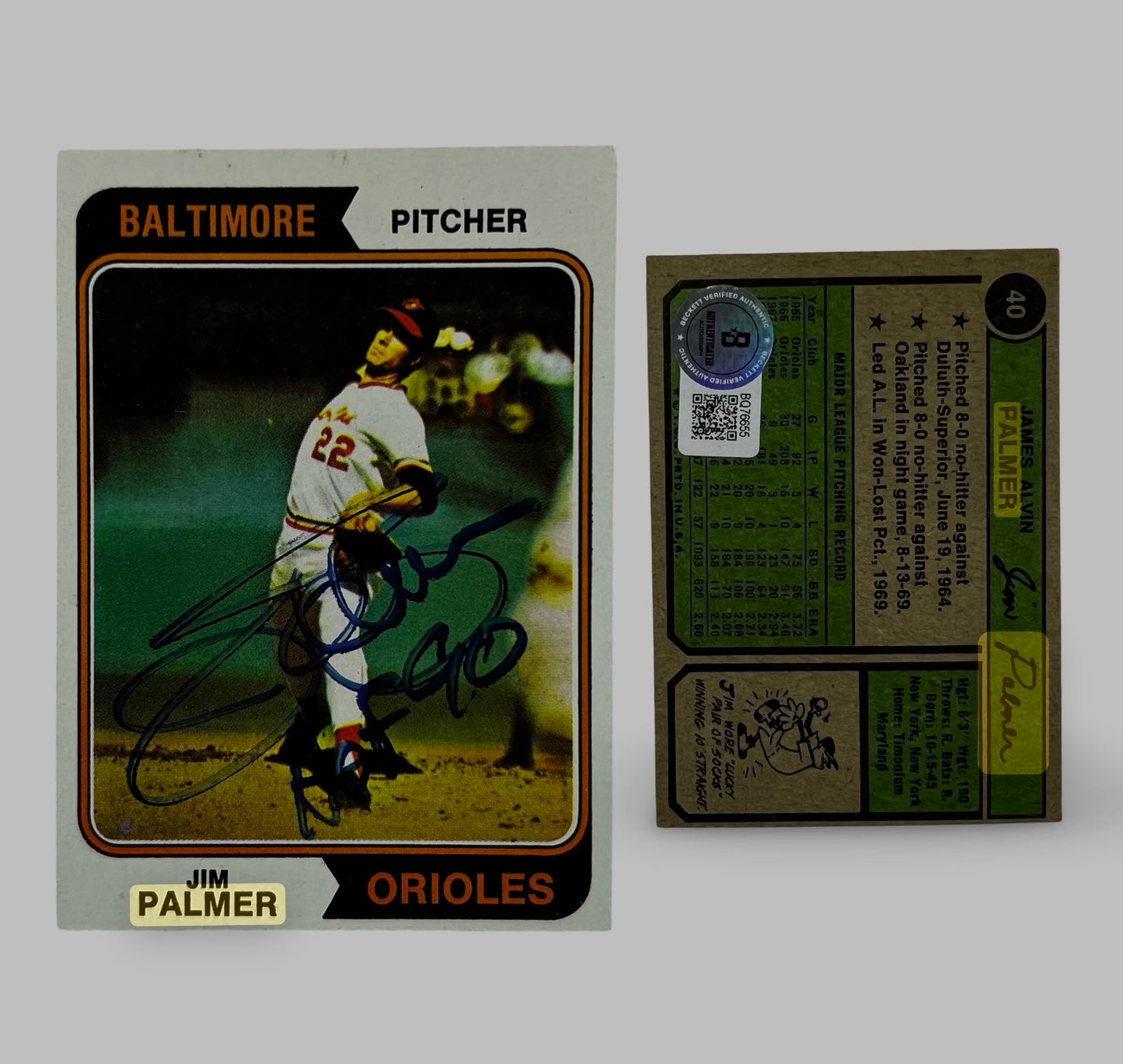 1974 Jim Palmer #40 Auto Beckett