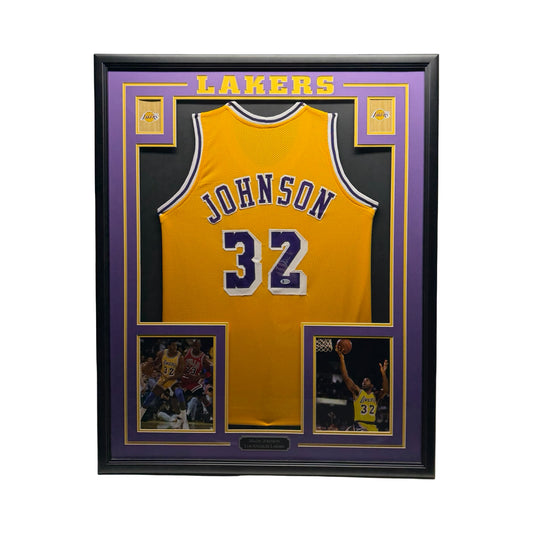 Magic Johnson Autographed Los Angeles Lakers Yellow Jersey Beckett Framed