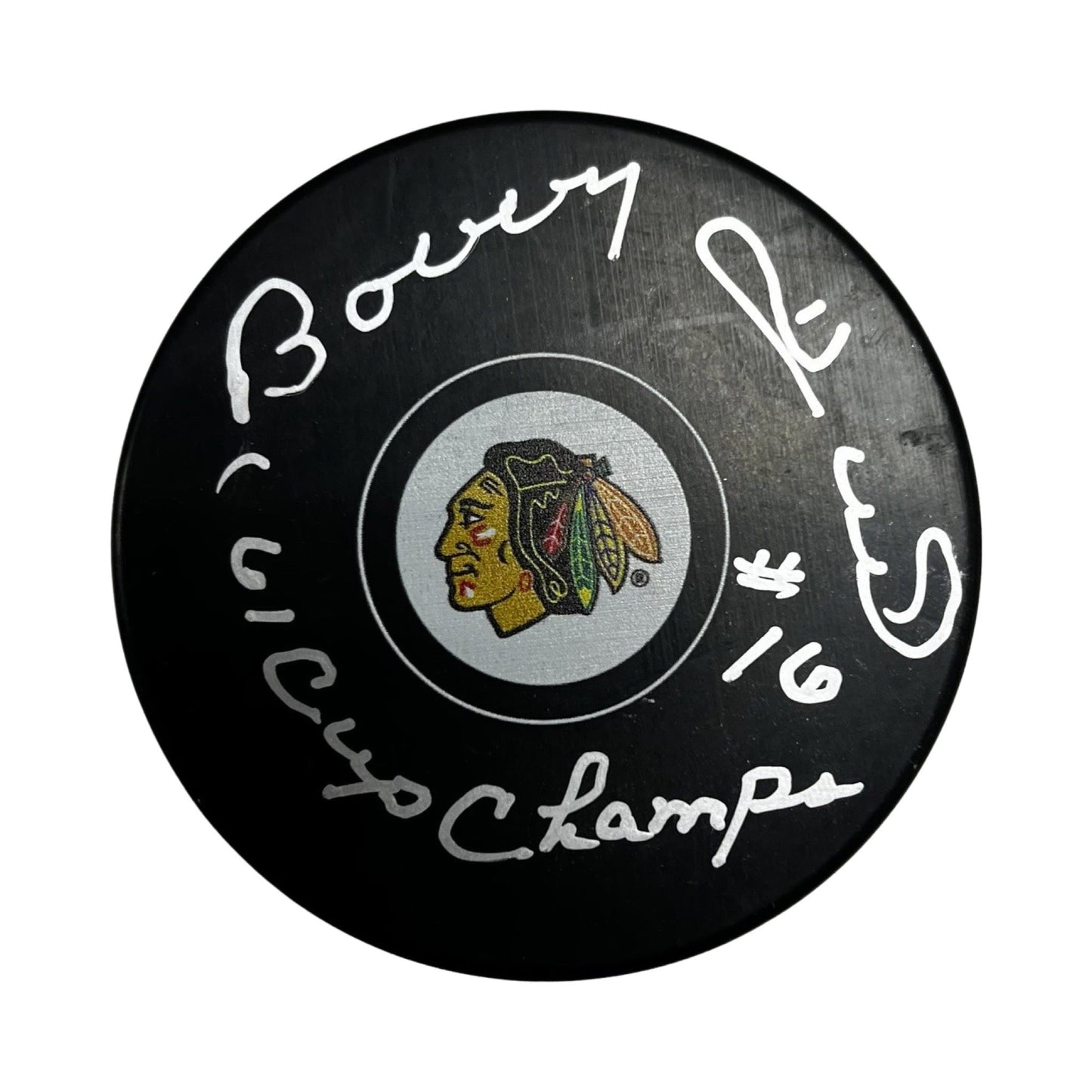 Bobby Hull Autographed Chicago Blackhawks Logo Puck "61 Champs" Inscription Schwartz