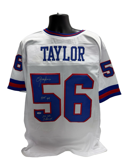 Lawrence Taylor Autographed New York Giants "HOF 99, 2x SB Champs" Inscribed White Jersey PSA