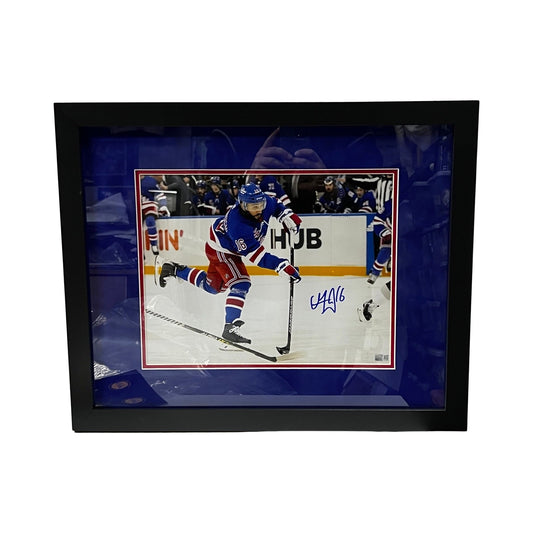 Vincent Trocheck Autographed New York Rangers Blue Jersey Shooting 11x14 Steiner CX - Framed