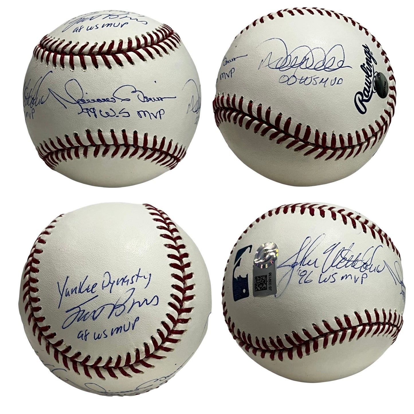 Derek Jeter, Mariano Rivera, Scott Brosius & John Wetteland Autographed New York Yankees OMLB "99 WS MVP, OO WS MVP, 96 WS MVP, 98 WS MVP & Yankee Dynasty" Inscriptions Steiner