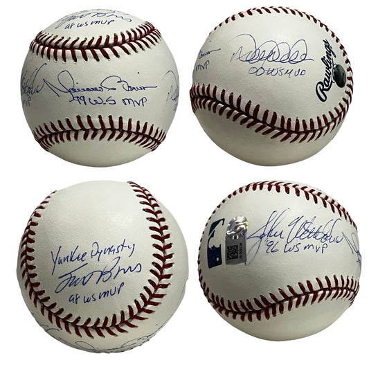 Derek Jeter, Mariano Rivera, Scott Brosius & John Wetteland Autographed New York Yankees OMLB "99 WS MVP, OO WS MVP, 96 WS MVP, 98 WS MVP & Yankee Dynasty" Inscriptions Steiner
