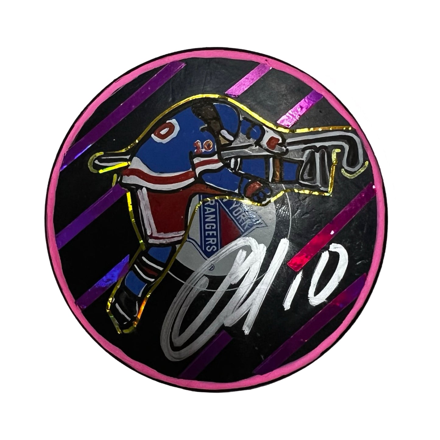 Artemi Panarin Autographed New York Rangers Original Art 1/1 Replica Puck Pink Stripes Beckett