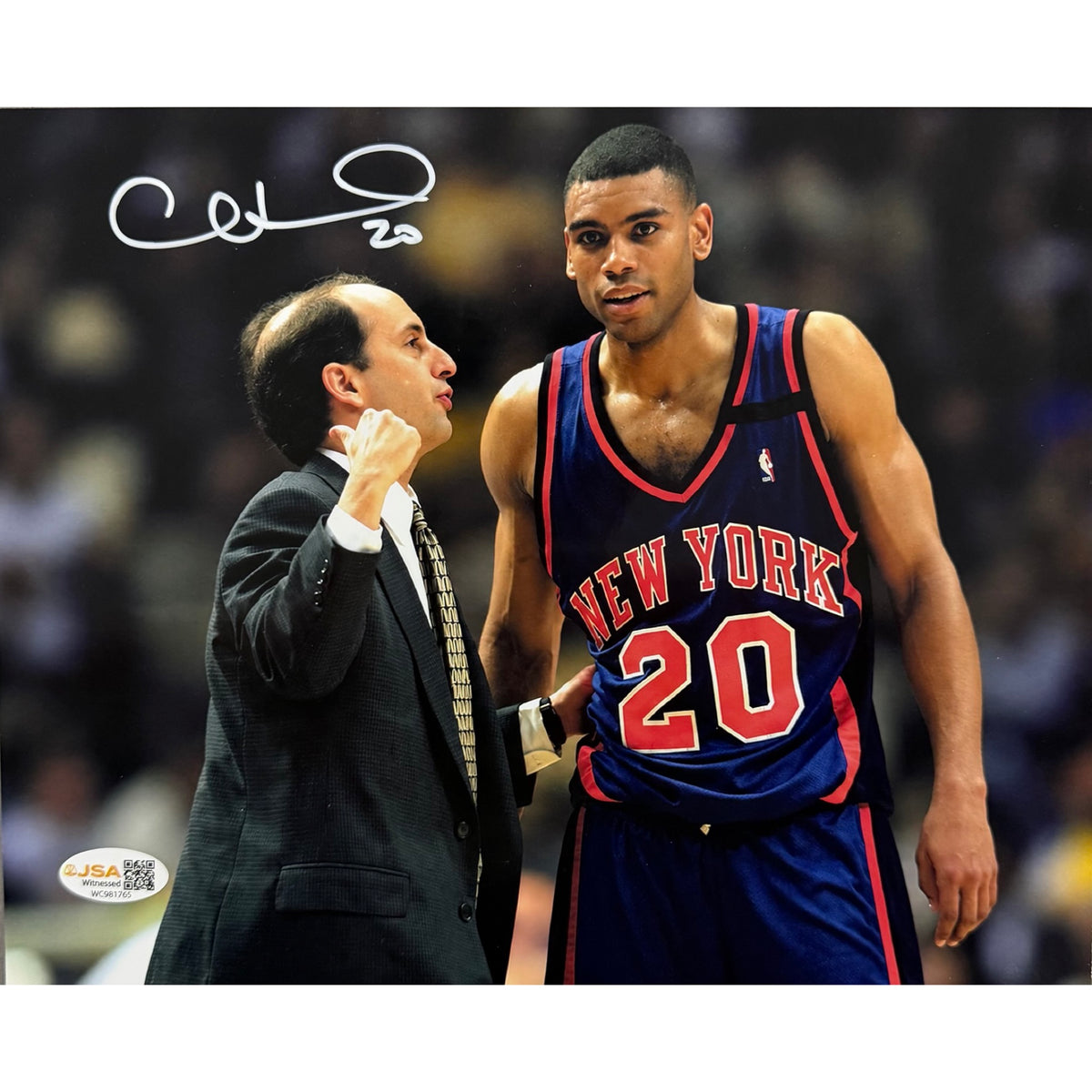 Allan Houston Autographed Horizontal w/ coach New York Knicks 8x10 JSA COA
