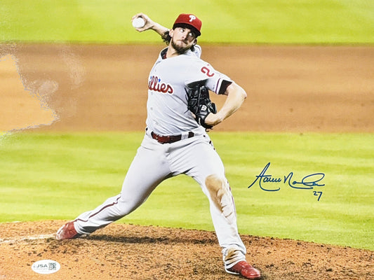 Aaron Nola Autographed Philadelphia Phillies Grey Jersey Pitch 11x14 JSA