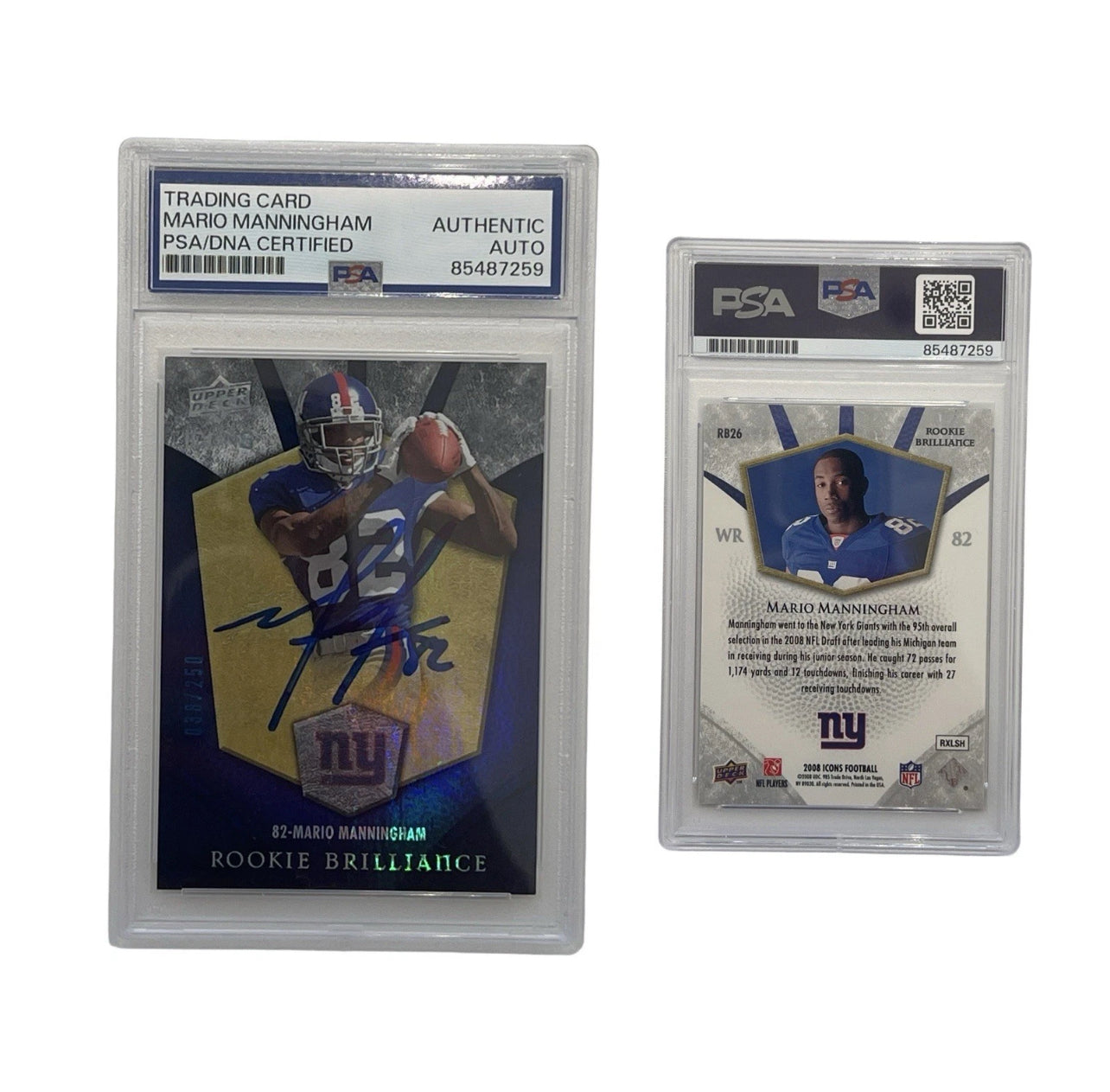 2008 Mario Manningham Autographed Upper Deck Icons Silver/038 RB26 PSA Auth Auto