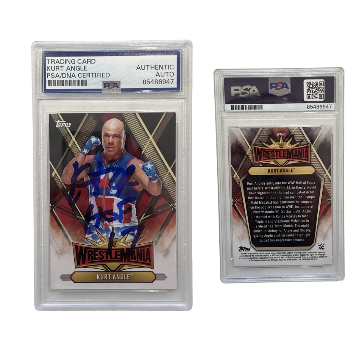 2019 Kurt Angle Autographed WWE Wrestlemania Topps WM-7 PSA Authentic Auto
