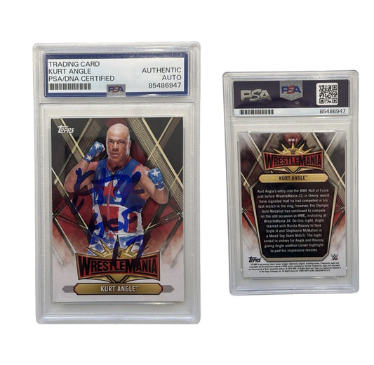 2019 Kurt Angle Autographed WWE Wrestlemania Topps WM-7 PSA Authentic Auto