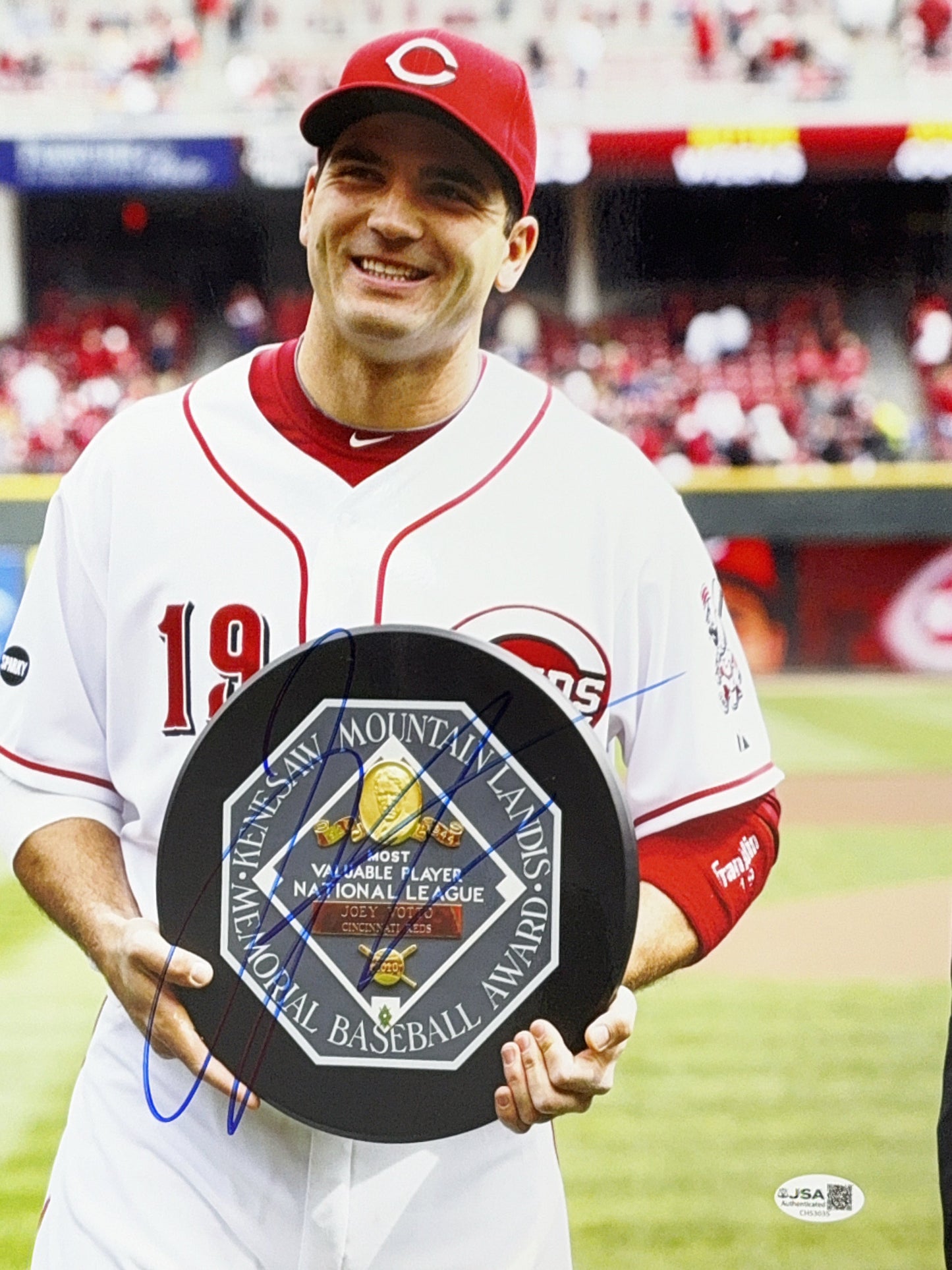 Joey Votto Autographed Cincinnati Reds MVP Trophy 11x14 JSA