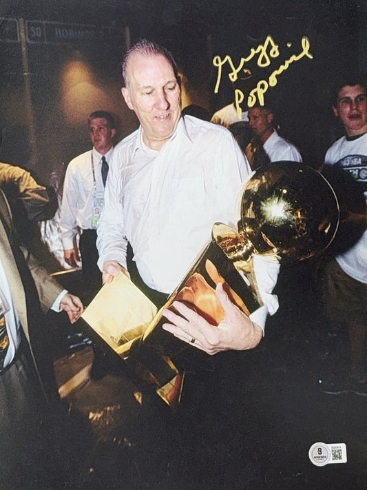 Gregg Popovich Autographed San Antonio Spurs Holding Trophy 11x14 Beckett