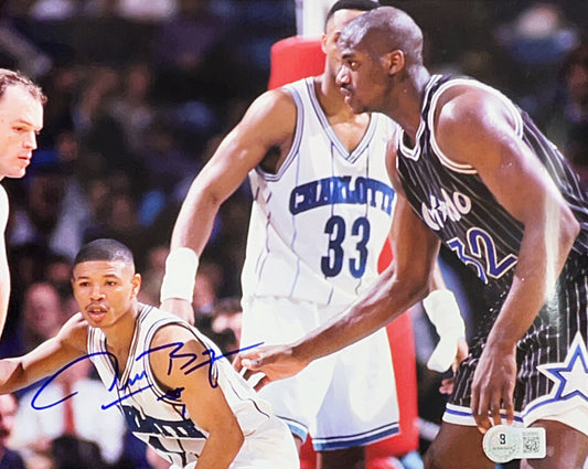 Muggsy Bogues Autographed Charlotte Hornets Against Shaq Blue Ink 8x10 Beckett