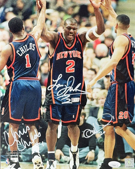 Larry Johnson, Allan Houston & Chris Childs Autographed New York Knicks High Five 11x14 JSA