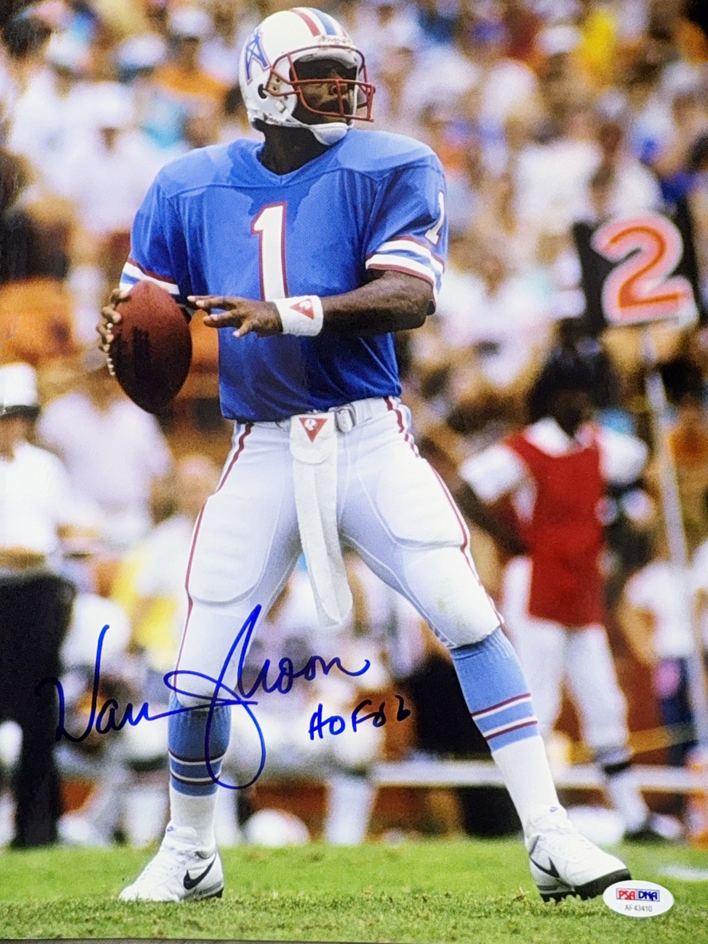 Warren Moon Autographed Houston Oilers Blue Jersey Drop Back "HOF '06" 11x14 PSA