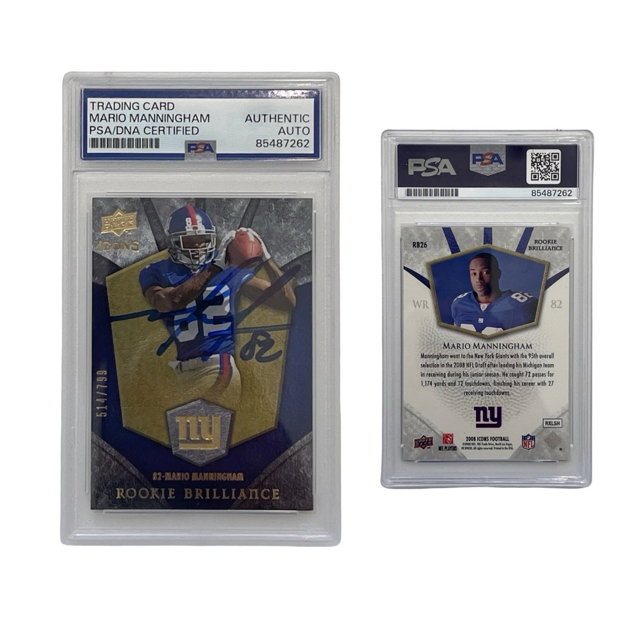 2008 Mario Manningham Autographed Upper Deck Icons Gold/514 RB26 PSA Auth Auto