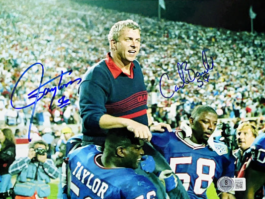 Lawrence Taylor & Carl Banks Autographed New York Giants Hoisting Parcells 8x10 Beckett