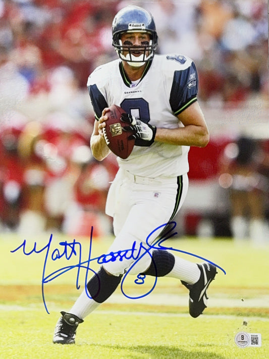 Matt Hasselbeck Autographed Seattle Seahawks Drop Back 11x14 Beckett